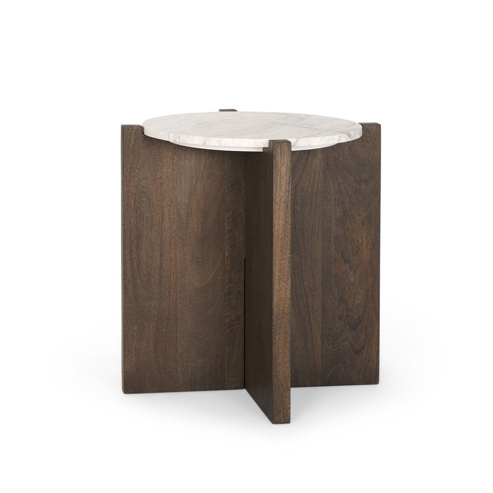 White and Brown Stone and Wood Tray Table - 22-inch