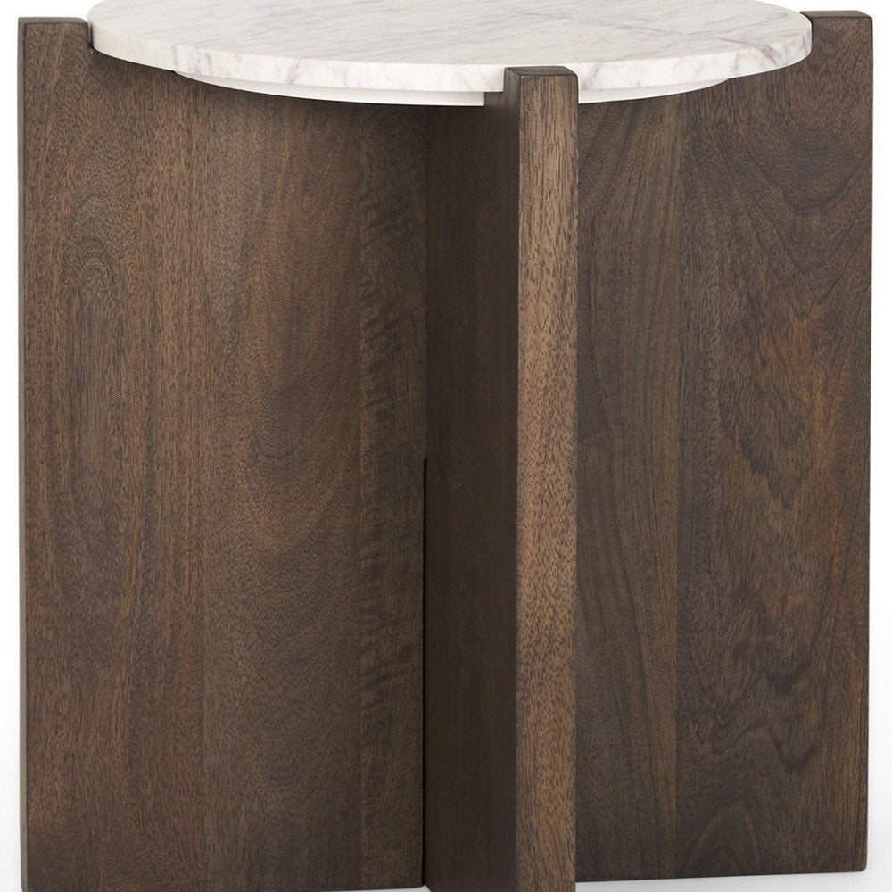White and Brown Stone and Wood Tray Table - 22-inch