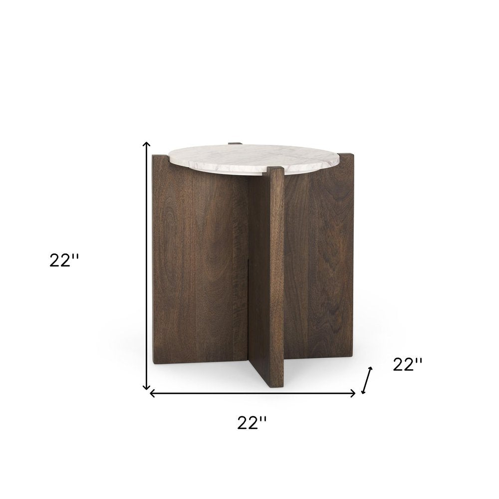 White and Brown Stone and Wood Tray Table - 22-inch