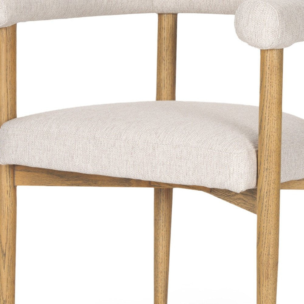 Beige and Brown Upholstered Cushion and Solid Wood Open Back Dining Arm Chair