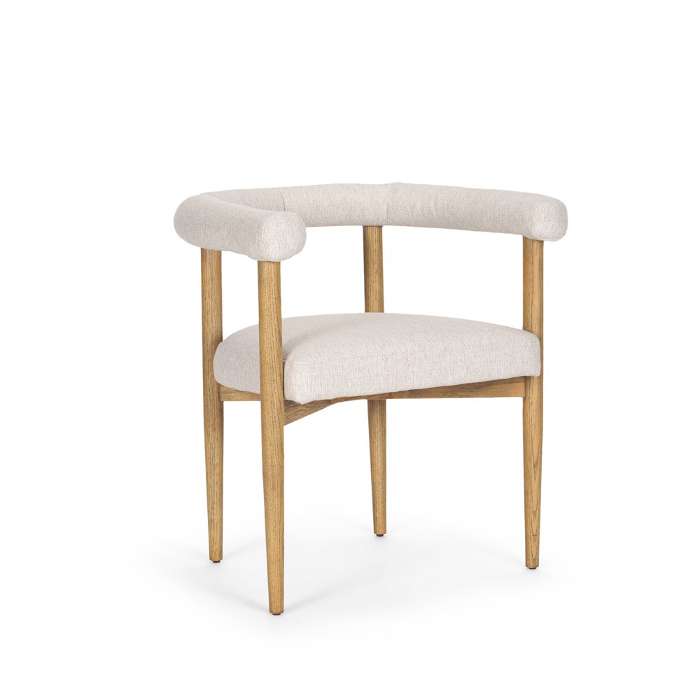 Beige and Brown Upholstered Cushion and Solid Wood Open Back Dining Arm Chair