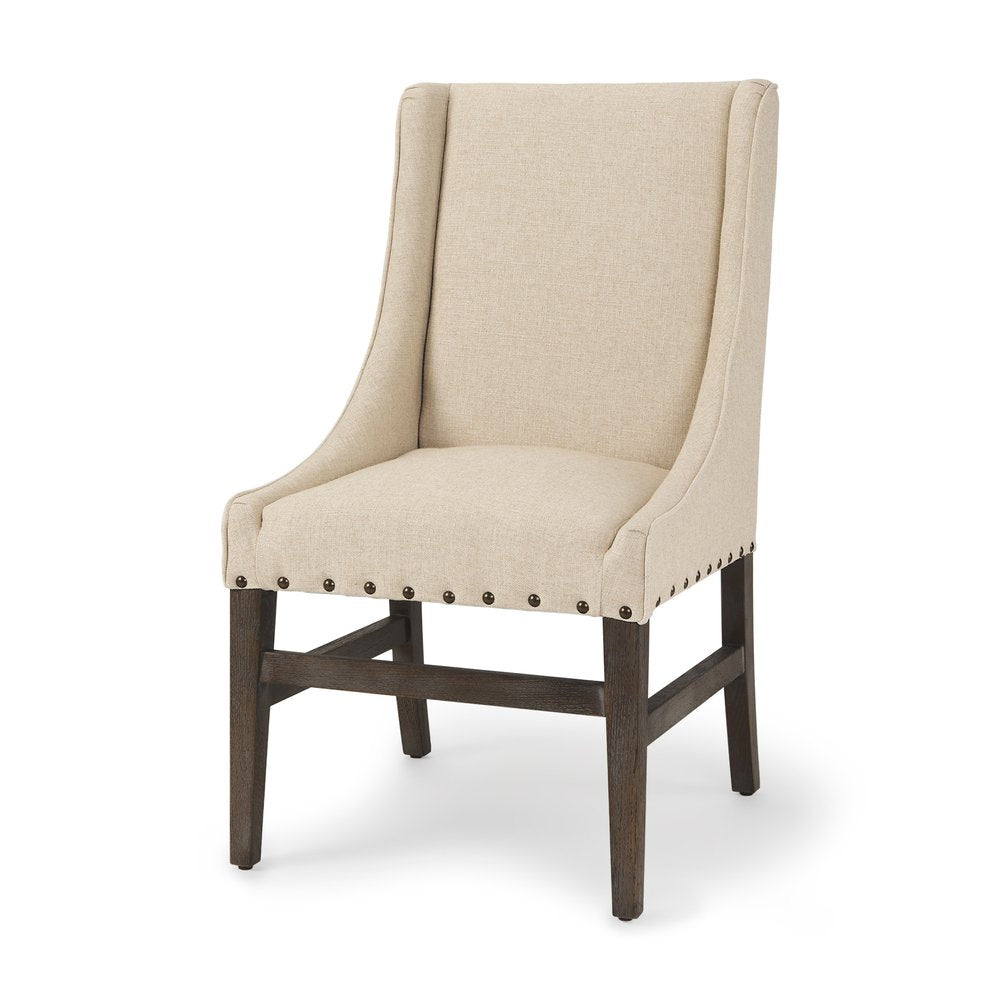 Cream and Brown Upholstered Linen and Solid Wood Dining Side Chair