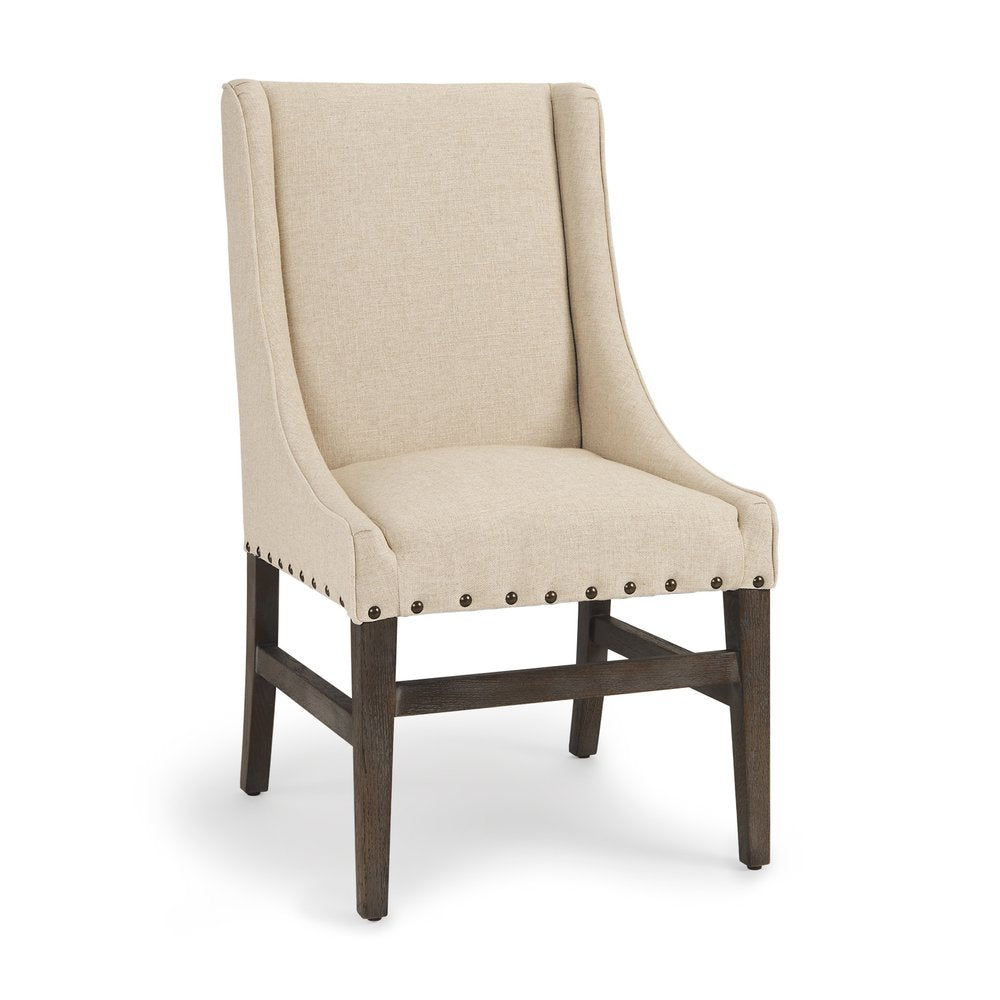 Cream and Brown Upholstered Linen and Solid Wood Dining Side Chair
