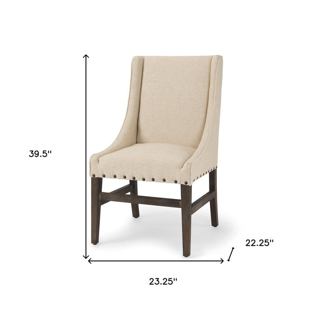 Cream and Brown Upholstered Linen and Solid Wood Dining Side Chair