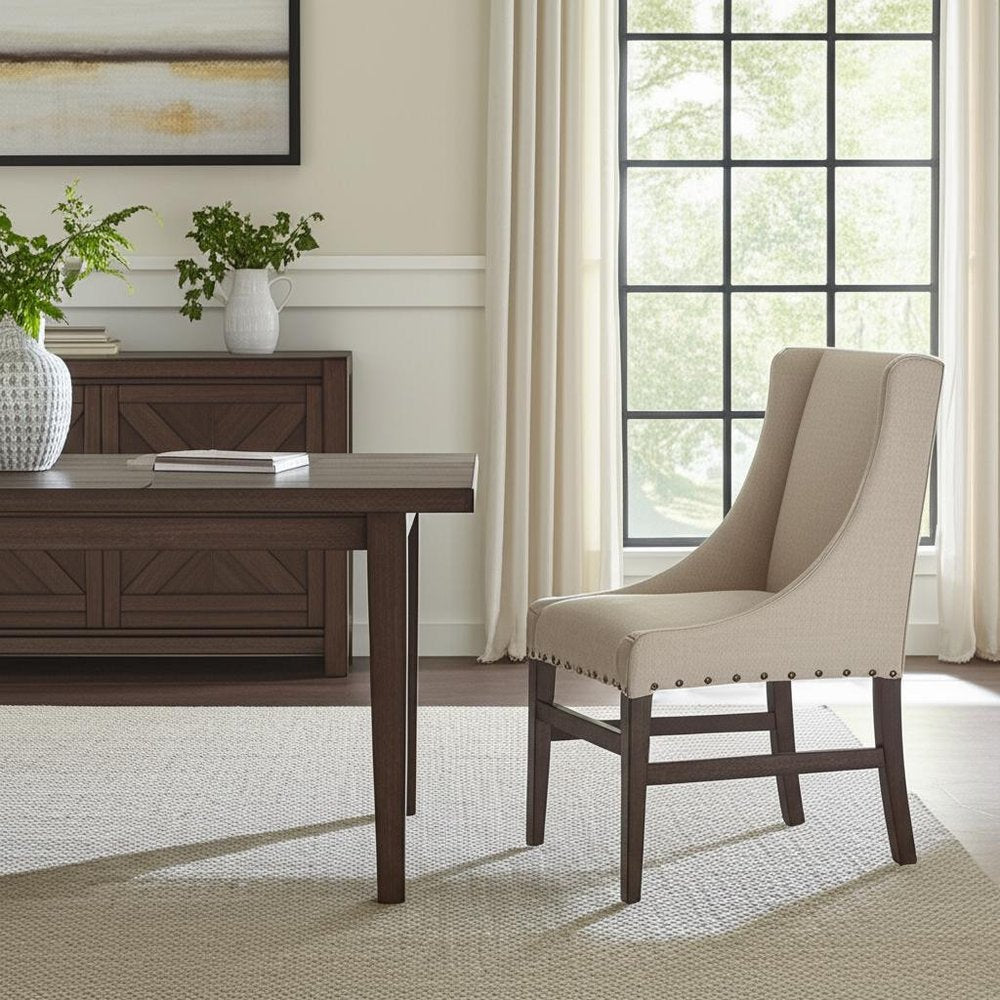 Cream and Brown Upholstered Linen and Solid Wood Dining Side Chair