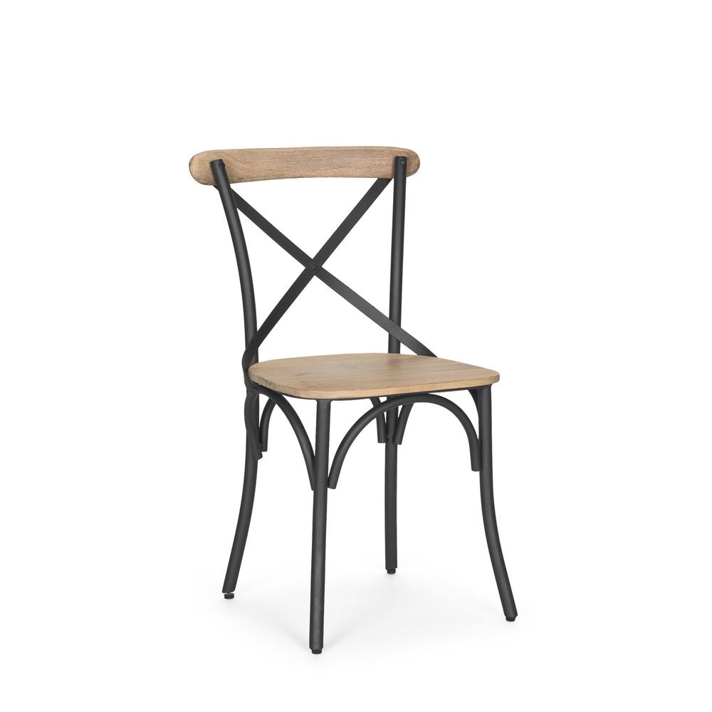 Set of Two Light Brown and Black Solid Wood Cross Back Dining Side Chairs