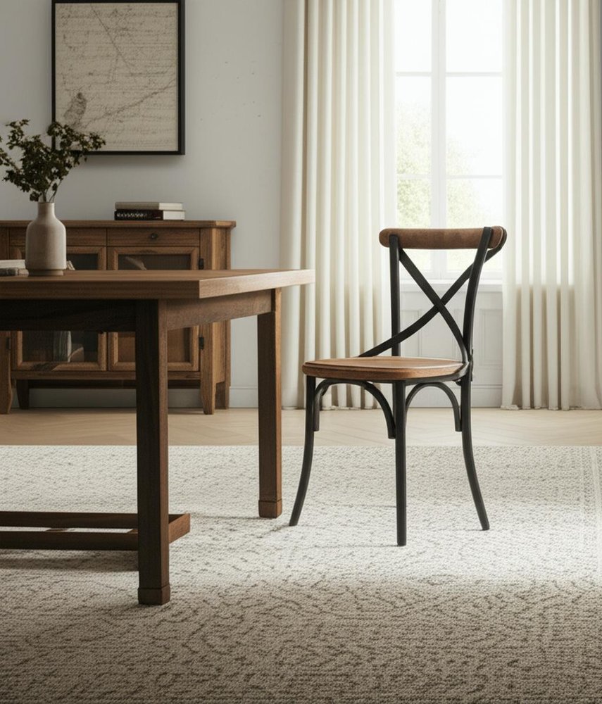 Set of Two Light Brown and Black Solid Wood Cross Back Dining Side Chairs