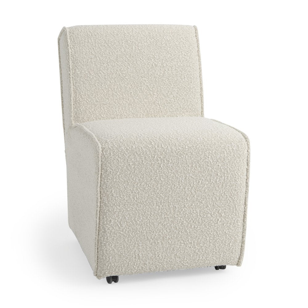 Set of Two Cream Boucle Swivel Dining Side Chairs with Wheels