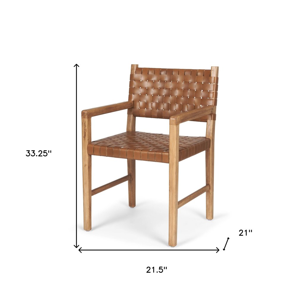 Brown Woven Leather and Solid Wood Dining Arm Chair