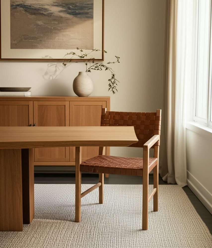 Brown Woven Leather and Solid Wood Dining Arm Chair