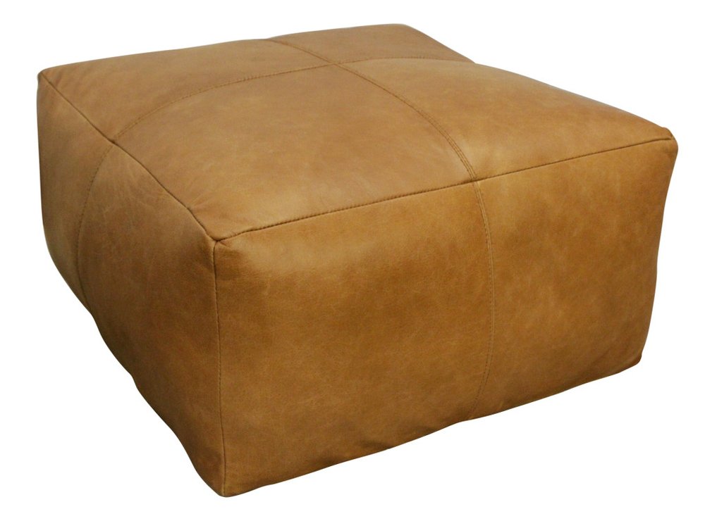 Tan Genuine Leather Pouf Ottoman - 22-inch