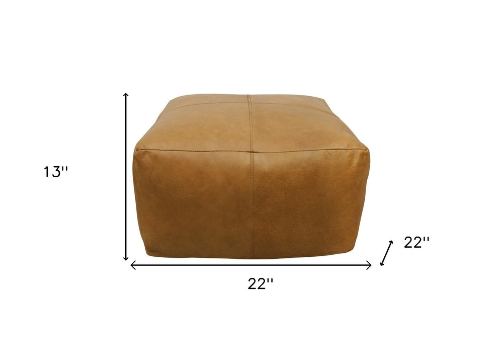 Tan Genuine Leather Pouf Ottoman - 22-inch
