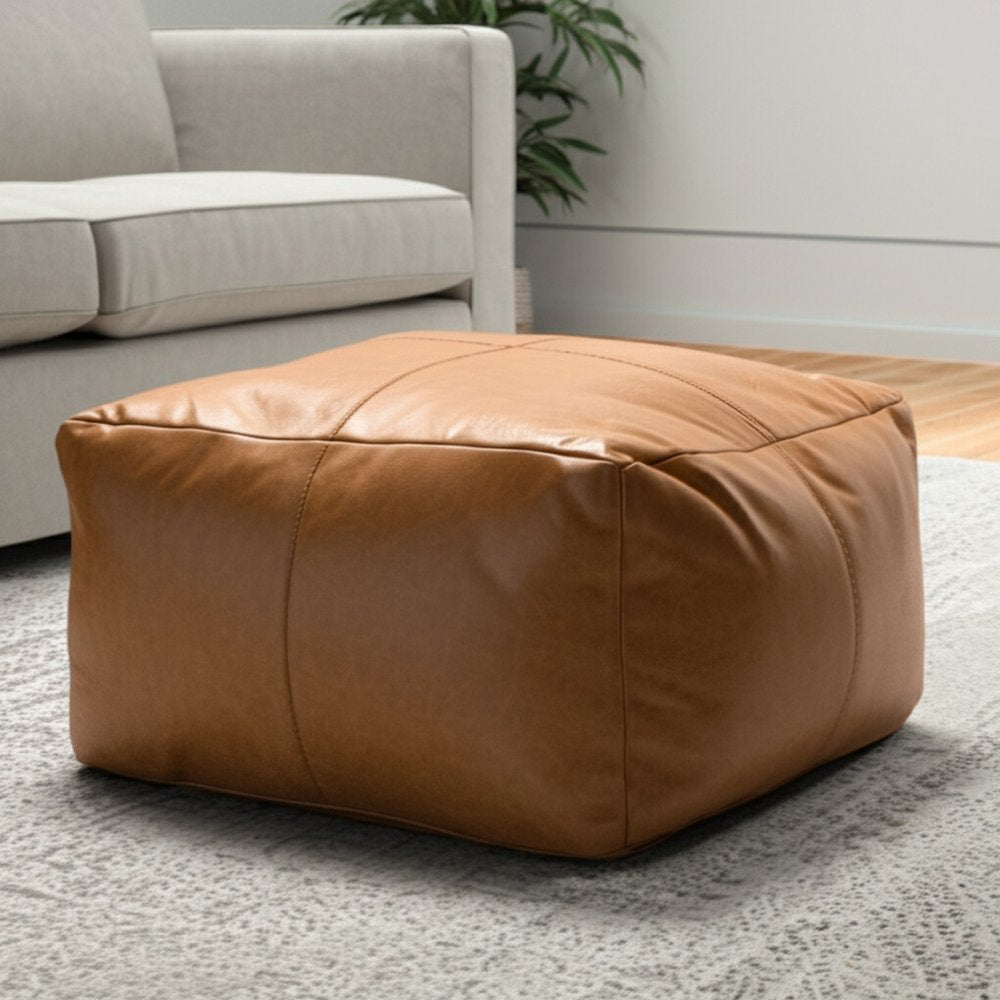 Tan Genuine Leather Pouf Ottoman - 22-inch