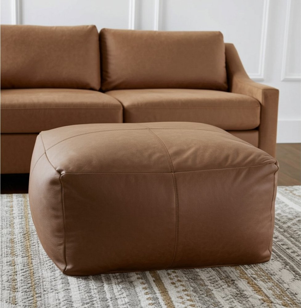 Brown Genuine Leather Pouf Ottoman - 22-inch
