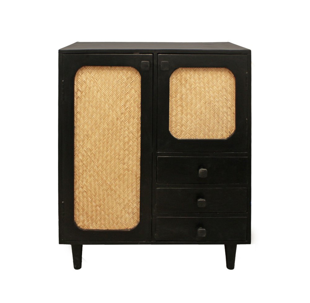 Black Distressed Solid Wood Three Drawer Sideboard with Two Doors - 32-inch