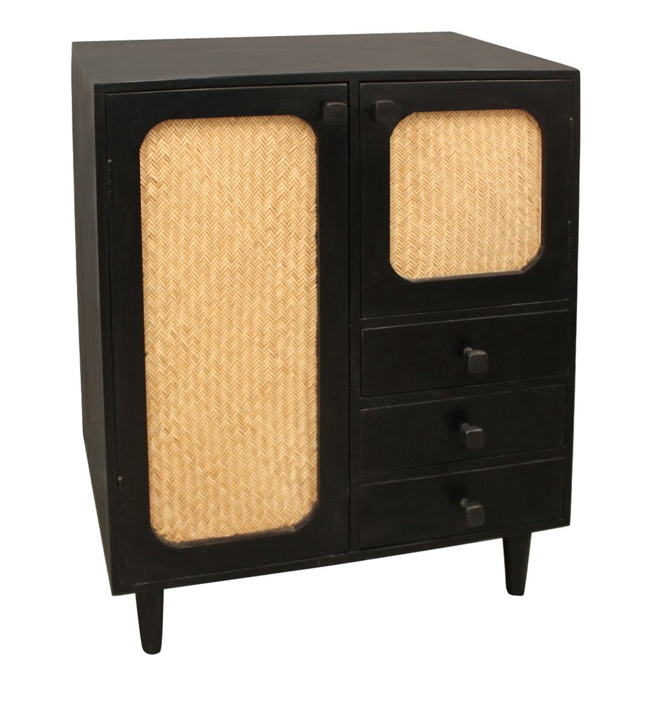 Black Distressed Solid Wood Three Drawer Sideboard with Two Doors - 32-inch