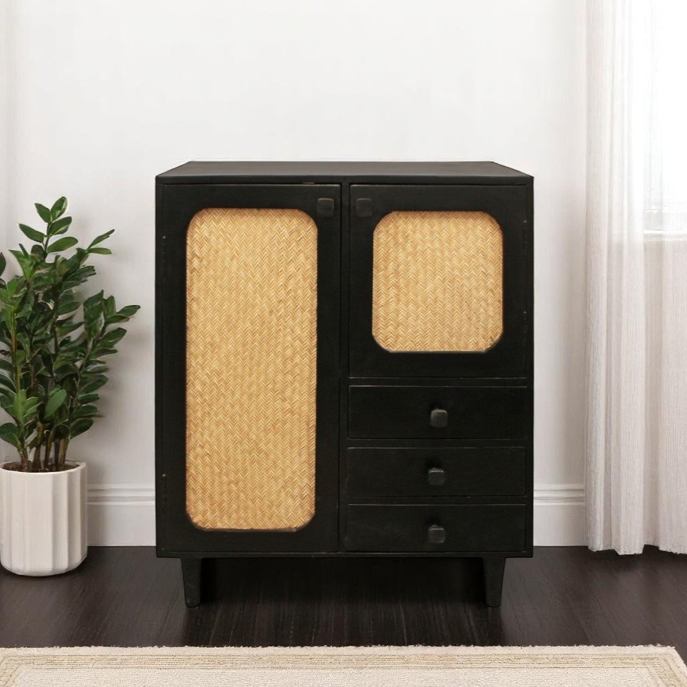 Black Distressed Solid Wood Three Drawer Sideboard with Two Doors - 32-inch