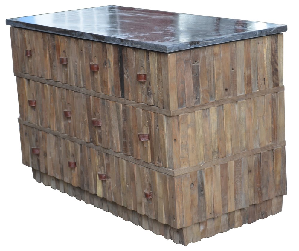 Brown Distressed Reclaimed Wood Carved Geometric Six Drawer Buffet Table
