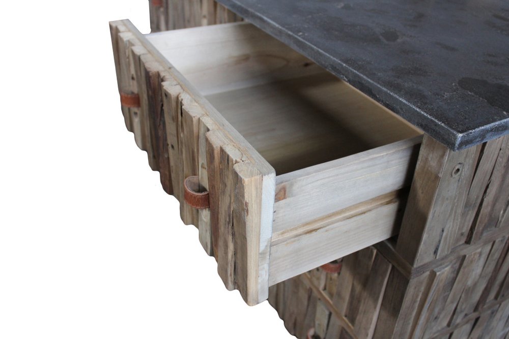 Brown Distressed Reclaimed Wood Carved Geometric Six Drawer Buffet Table