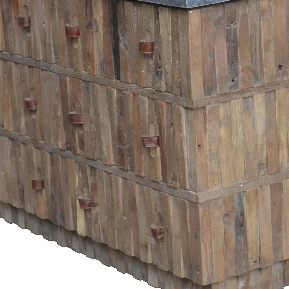 Brown Distressed Reclaimed Wood Carved Geometric Six Drawer Buffet Table