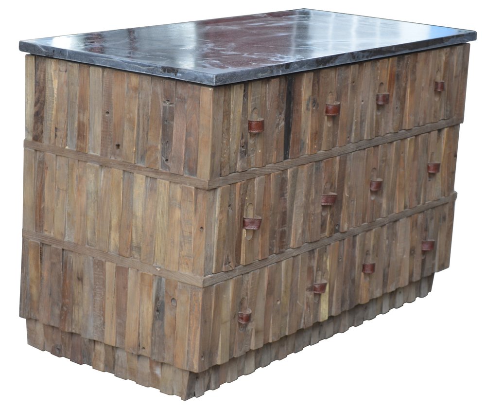 Brown Distressed Reclaimed Wood Carved Geometric Six Drawer Buffet Table