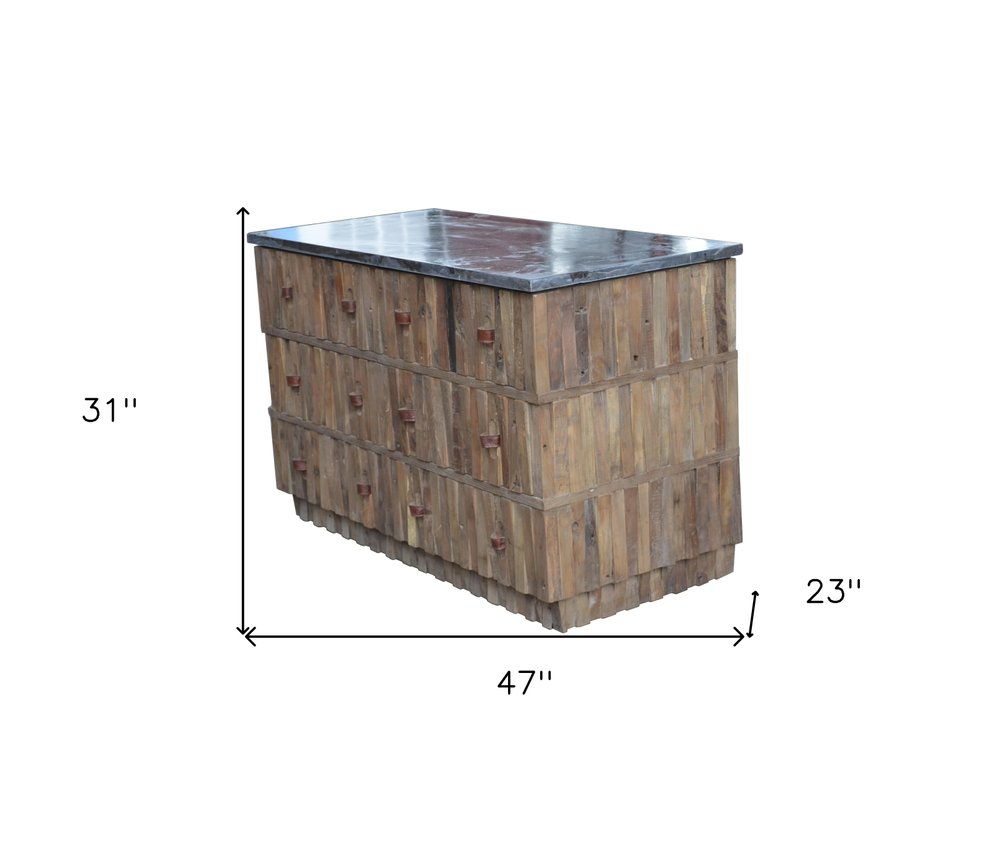 Brown Distressed Reclaimed Wood Carved Geometric Six Drawer Buffet Table