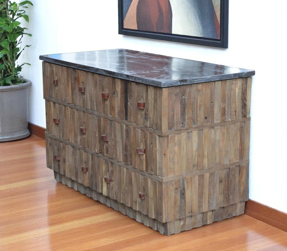 Brown Distressed Reclaimed Wood Carved Geometric Six Drawer Buffet Table