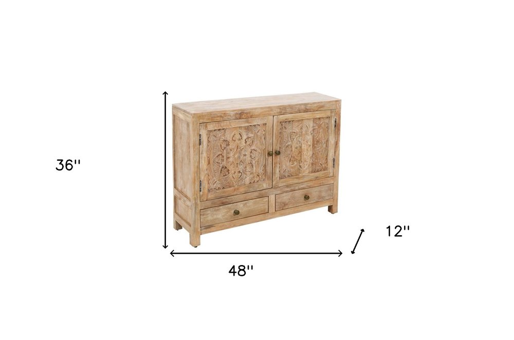 White Distressed Solid Wood Carved Floral Two Drawer Sideboard with Two Doors