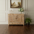 White Distressed Solid Wood Carved Floral Two Drawer Sideboard with Two Doors