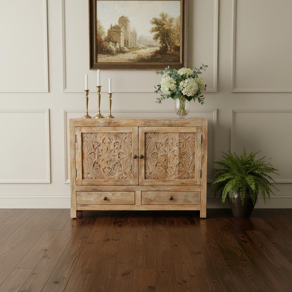 White Distressed Solid Wood Carved Floral Two Drawer Sideboard with Two Doors