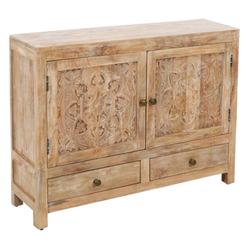 White Distressed Solid Wood Carved Floral Two Drawer Sideboard with Two Doors