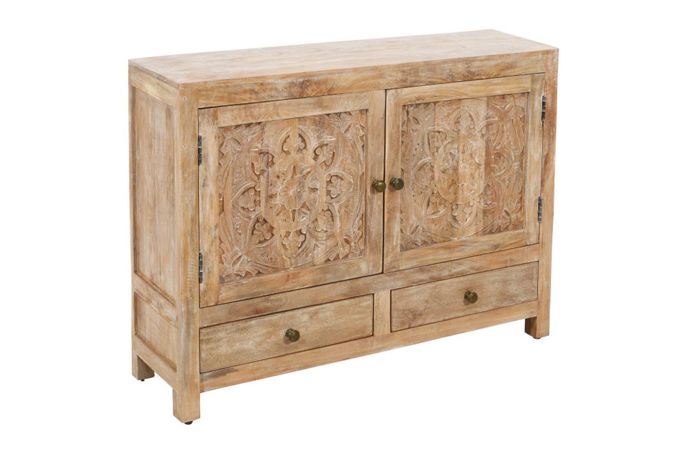 White Distressed Solid Wood Carved Floral Two Drawer Sideboard with Two Doors