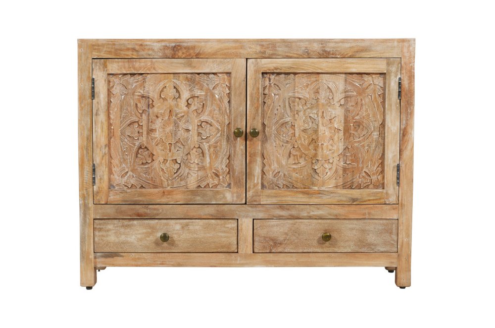 White Distressed Solid Wood Carved Floral Two Drawer Sideboard with Two Doors