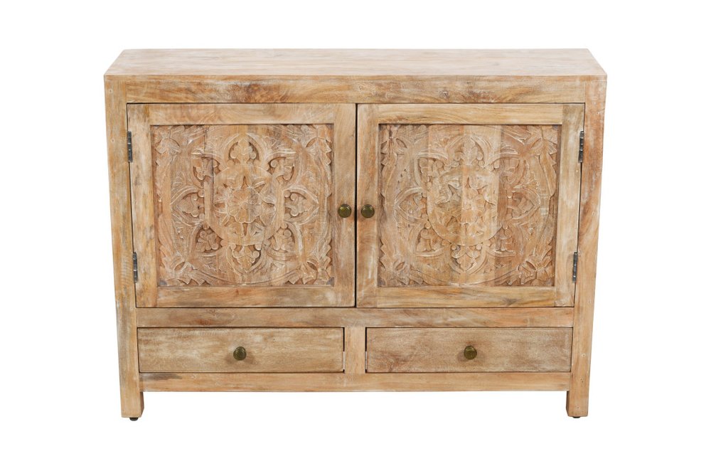 White Distressed Solid Wood Carved Floral Two Drawer Sideboard with Two Doors