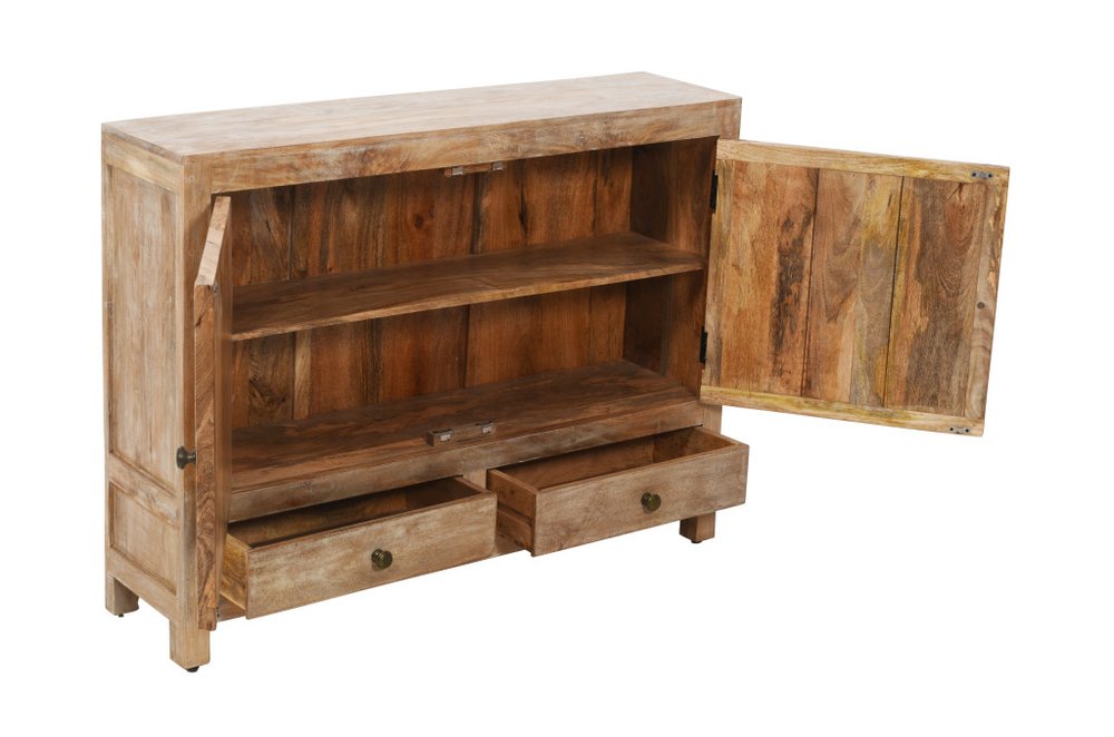 White Distressed Solid Wood Carved Floral Two Drawer Sideboard with Two Doors
