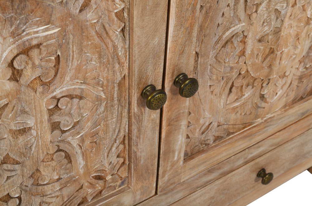 White Distressed Solid Wood Carved Floral Two Drawer Sideboard with Two Doors