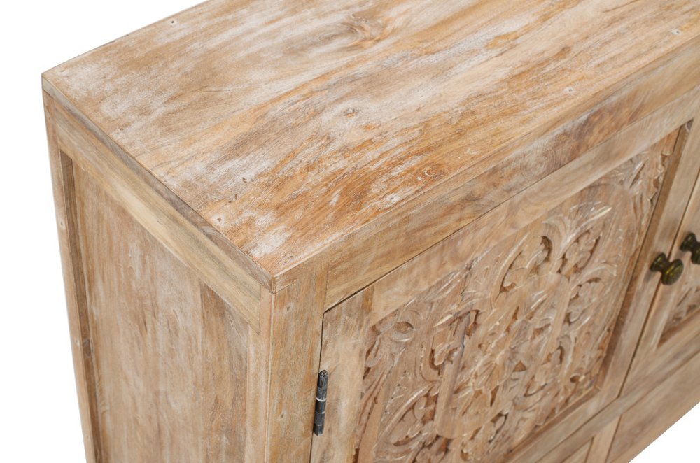 White Distressed Solid Wood Carved Floral Two Drawer Sideboard with Two Doors