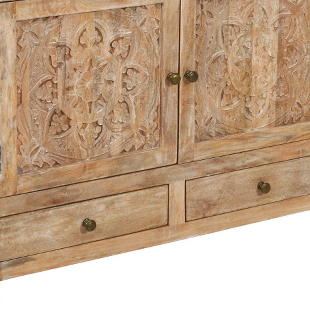 White Distressed Solid Wood Carved Floral Two Drawer Sideboard with Two Doors