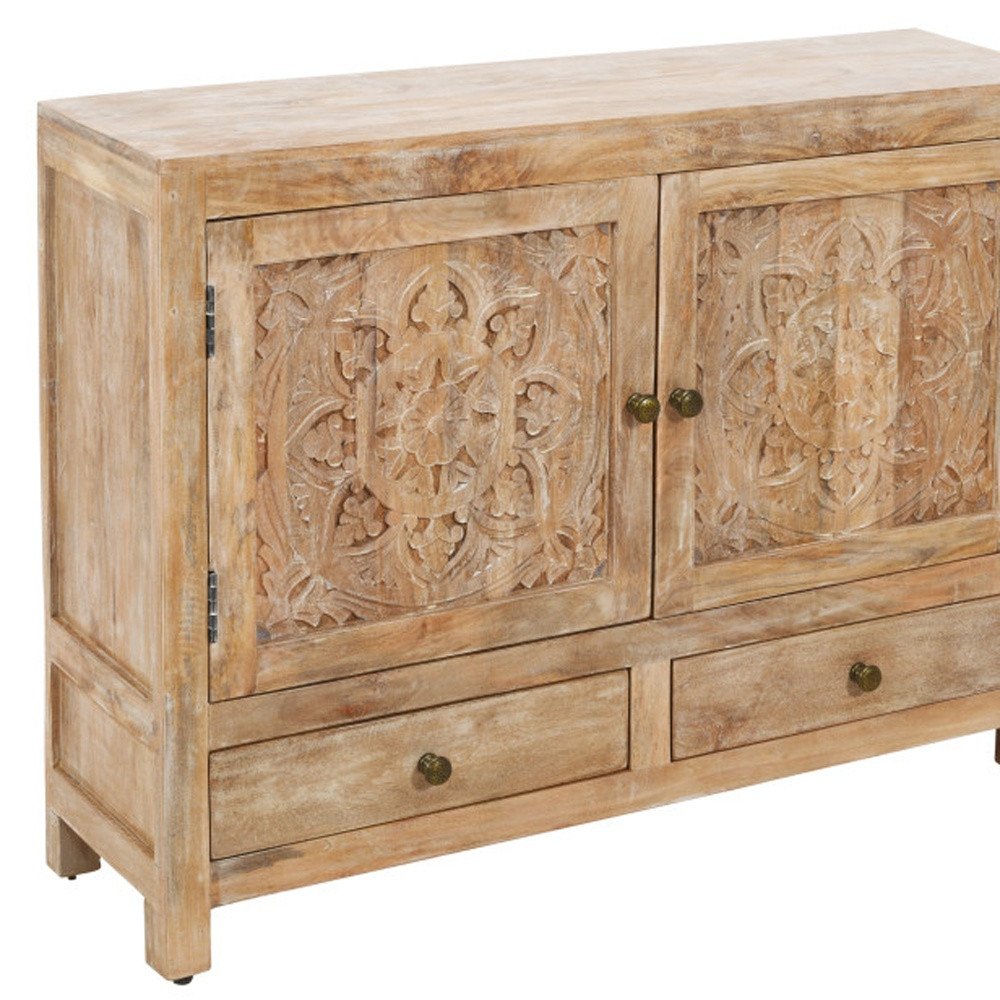 White Distressed Solid Wood Carved Floral Two Drawer Sideboard with Two Doors