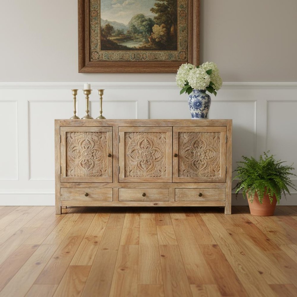 White Distressed Solid Wood Carved Floral Three Drawer Sideboard with Three Doors