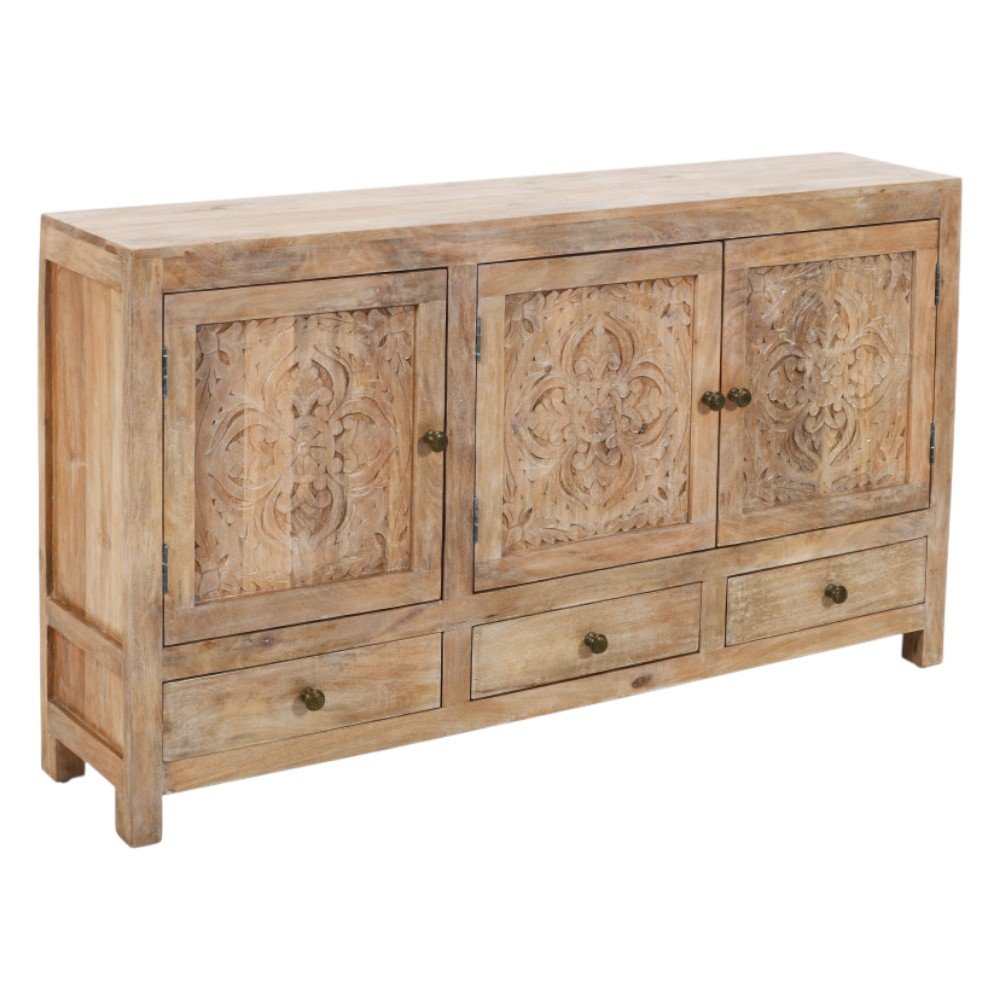 White Distressed Solid Wood Carved Floral Three Drawer Sideboard with Three Doors