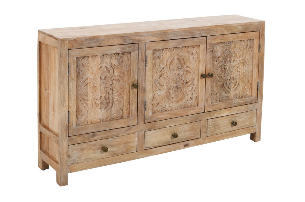 White Distressed Solid Wood Carved Floral Three Drawer Sideboard with Three Doors
