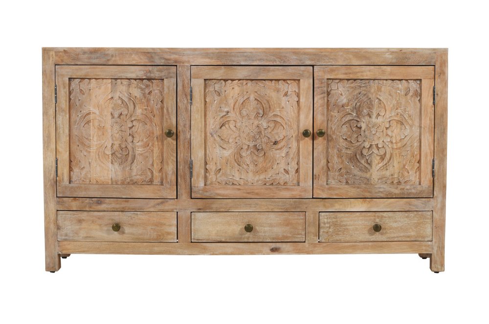 White Distressed Solid Wood Carved Floral Three Drawer Sideboard with Three Doors