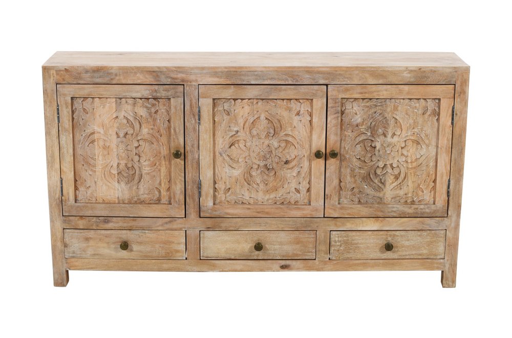 White Distressed Solid Wood Carved Floral Three Drawer Sideboard with Three Doors