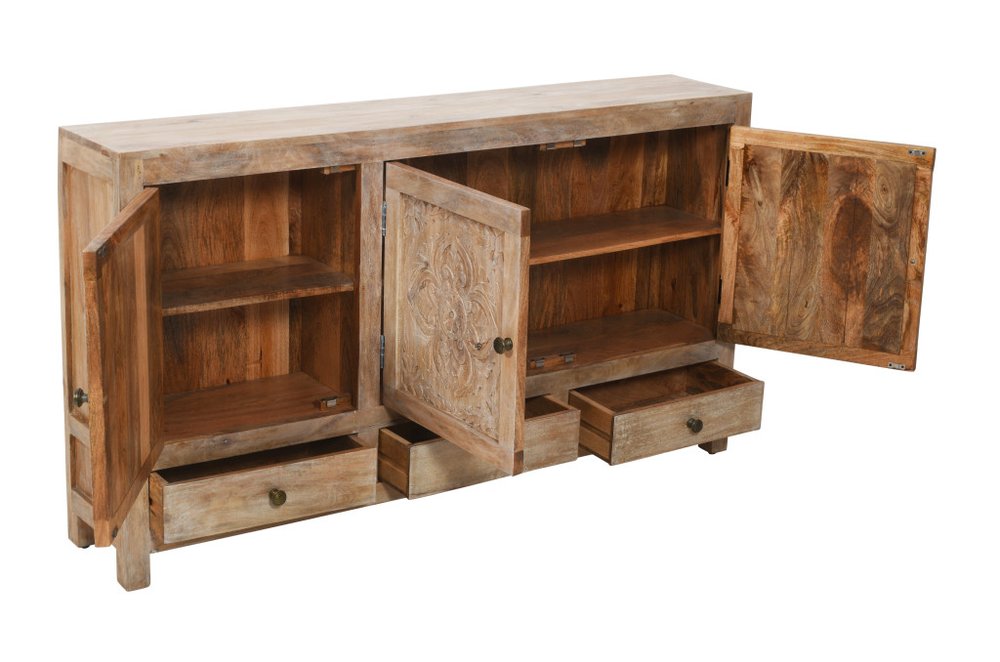 White Distressed Solid Wood Carved Floral Three Drawer Sideboard with Three Doors