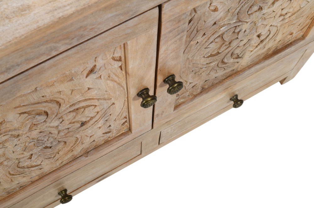 White Distressed Solid Wood Carved Floral Three Drawer Sideboard with Three Doors