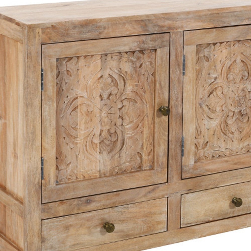 White Distressed Solid Wood Carved Floral Three Drawer Sideboard with Three Doors