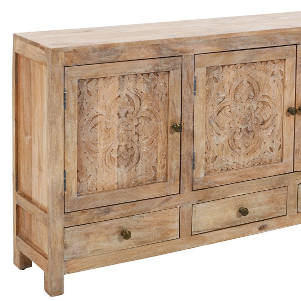 White Distressed Solid Wood Carved Floral Three Drawer Sideboard with Three Doors