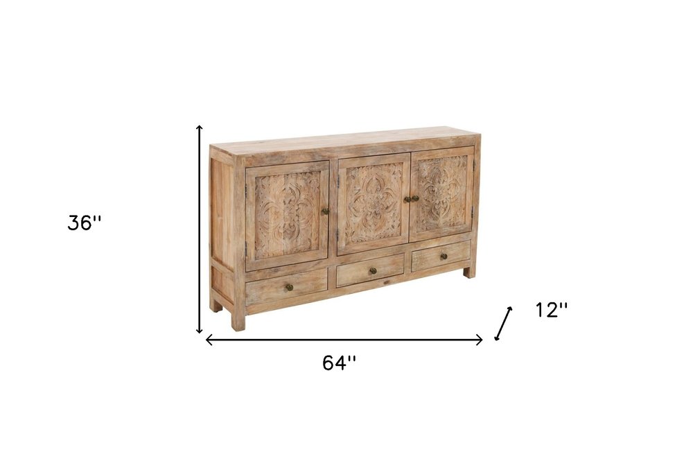 White Distressed Solid Wood Carved Floral Three Drawer Sideboard with Three Doors