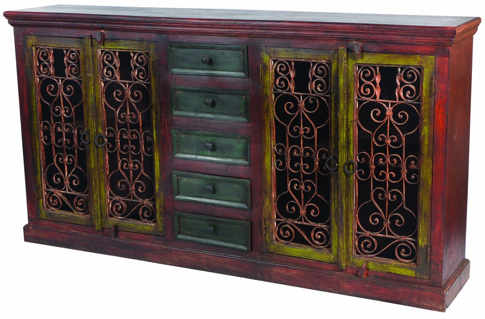 Red Distressed Solid Wood Five Drawer Buffet Table with Four Doors - 82-inch